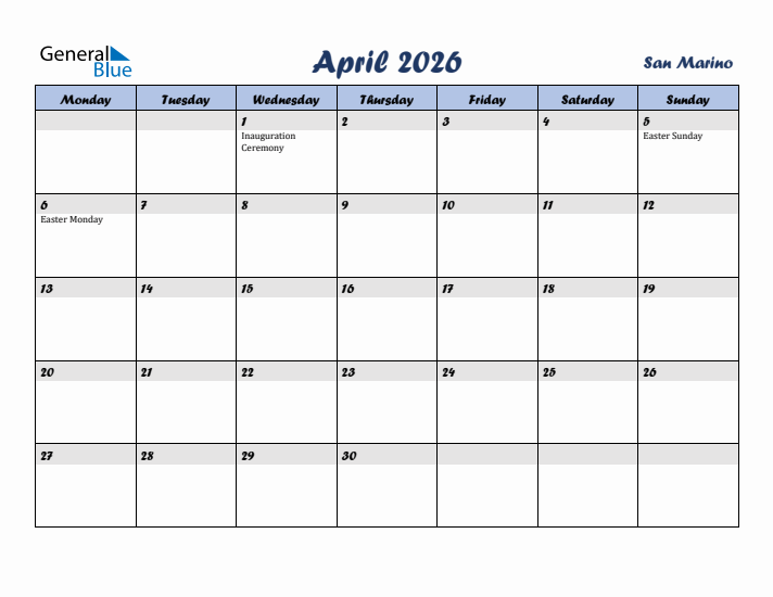 April 2026 Calendar with Holidays in San Marino