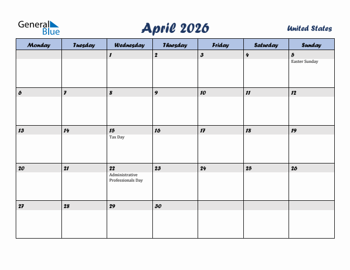 April 2026 Calendar with Holidays in United States