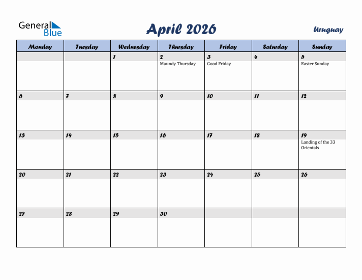 April 2026 Calendar with Holidays in Uruguay