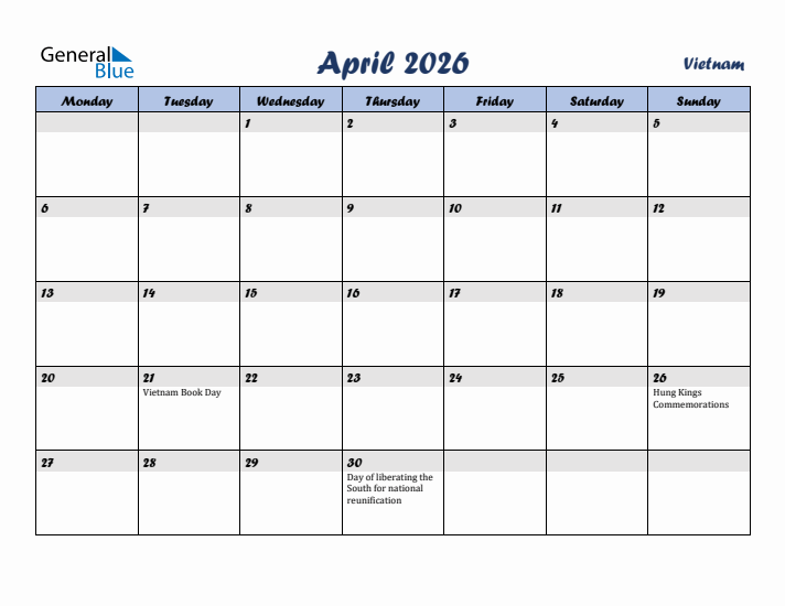 April 2026 Calendar with Holidays in Vietnam