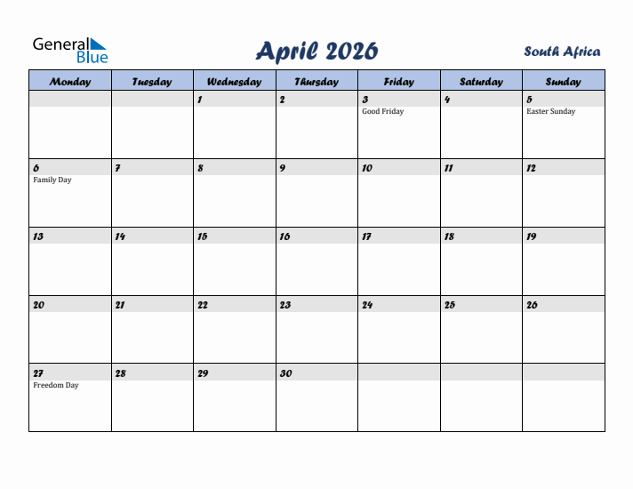 April 2026 Calendar with Holidays in South Africa