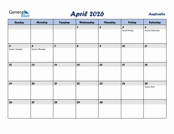 April 2026 Calendar with Holidays in Australia