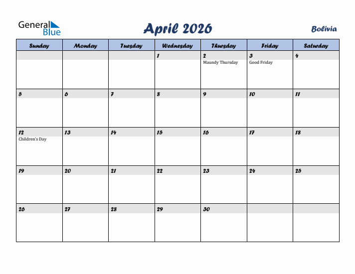 April 2026 Calendar with Holidays in Bolivia