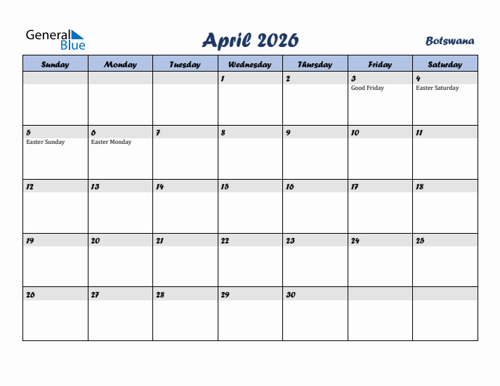 April 2026 Calendar with Holidays in Botswana