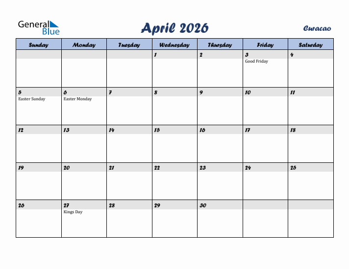 April 2026 Calendar with Holidays in Curacao