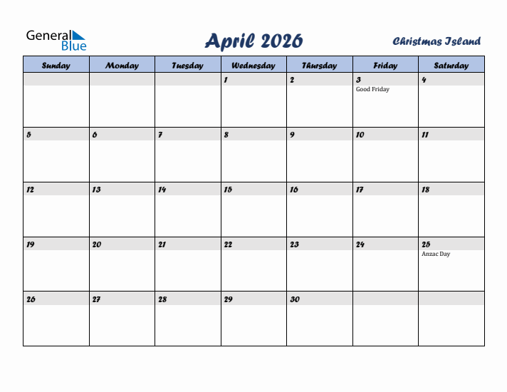 April 2026 Calendar with Holidays in Christmas Island