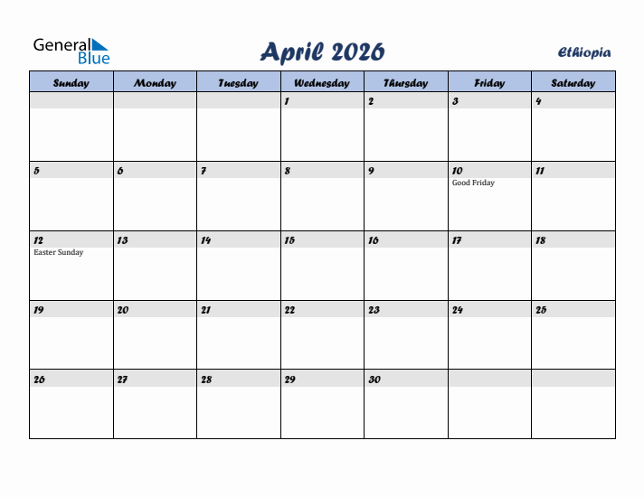 April 2026 Calendar with Holidays in Ethiopia