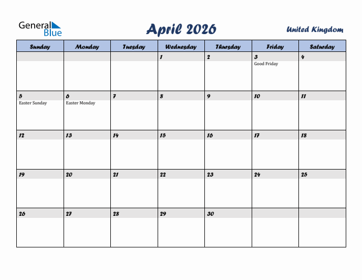 April 2026 Calendar with Holidays in United Kingdom