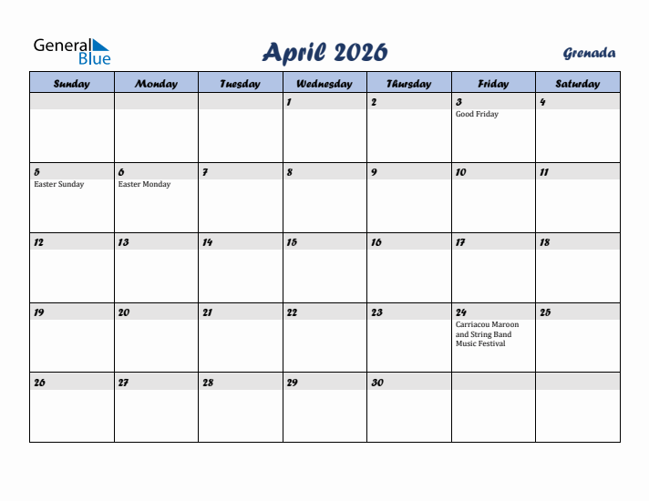 April 2026 Calendar with Holidays in Grenada