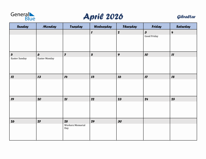 April 2026 Calendar with Holidays in Gibraltar