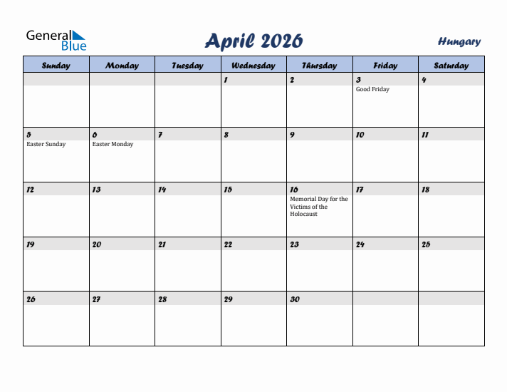 April 2026 Calendar with Holidays in Hungary