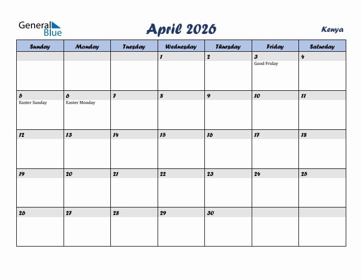 April 2026 Calendar with Holidays in Kenya