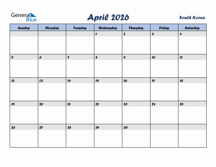 April 2026 Calendar with Holidays in South Korea