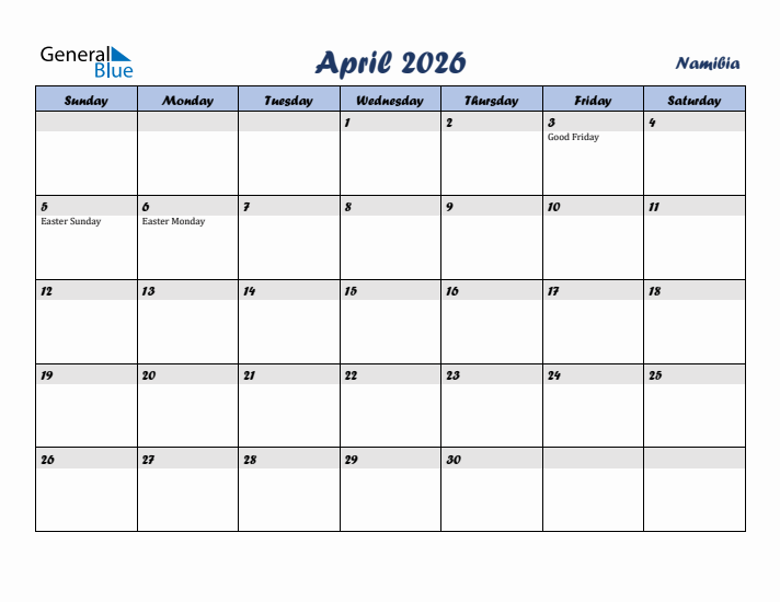 April 2026 Calendar with Holidays in Namibia