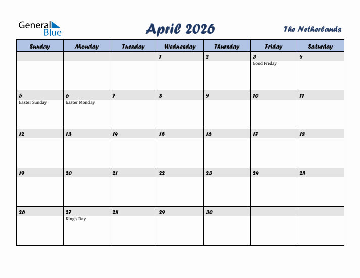 April 2026 Calendar with Holidays in The Netherlands