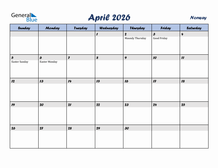 April 2026 Calendar with Holidays in Norway