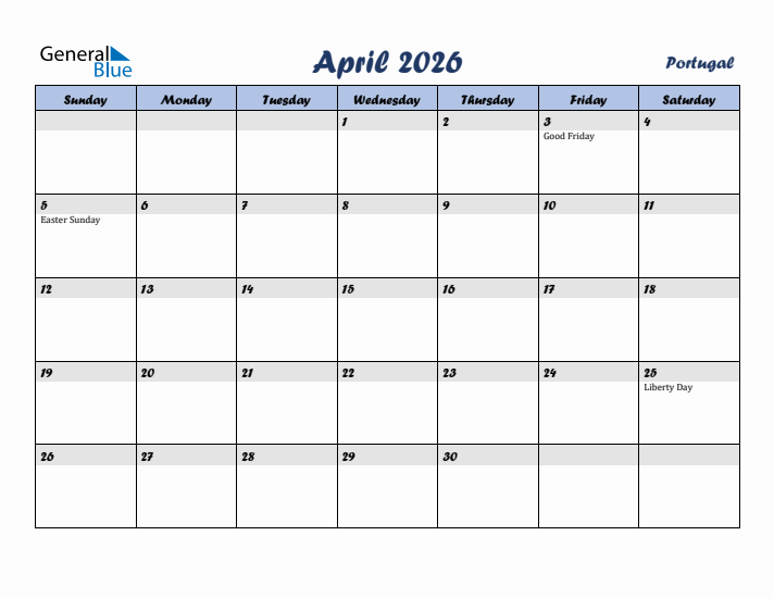 April 2026 Calendar with Holidays in Portugal