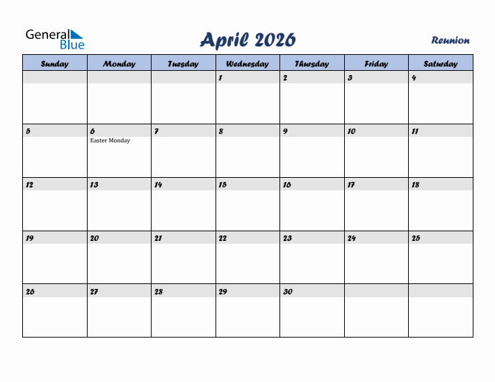 April 2026 Calendar with Holidays in Reunion