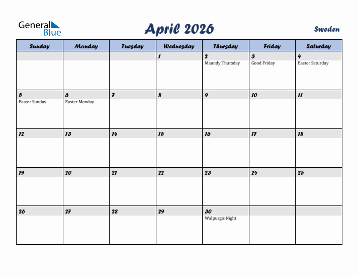 April 2026 Calendar with Holidays in Sweden