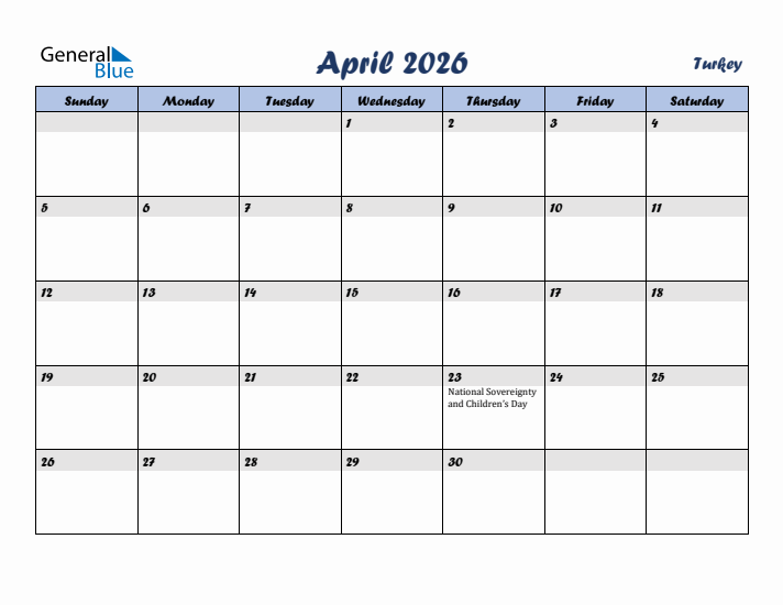 April 2026 Calendar with Holidays in Turkey