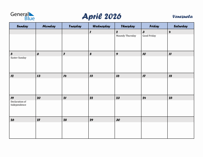 April 2026 Calendar with Holidays in Venezuela