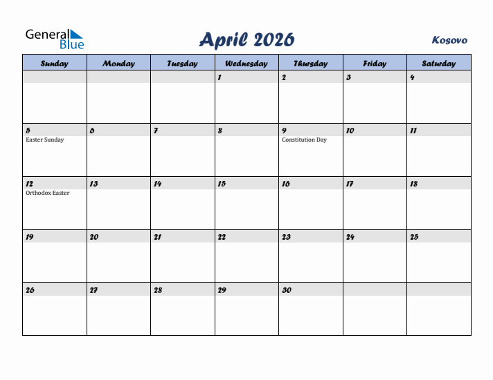 April 2026 Calendar with Holidays in Kosovo