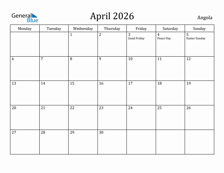 April 2026 Calendar Angola