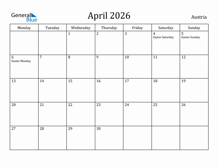 April 2026 Calendar Austria