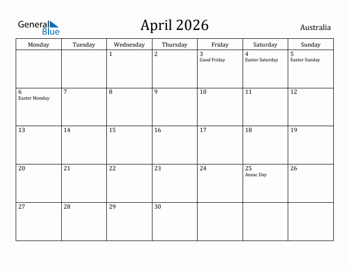 April 2026 Calendar Australia