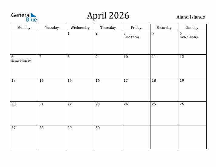 April 2026 Calendar Aland Islands