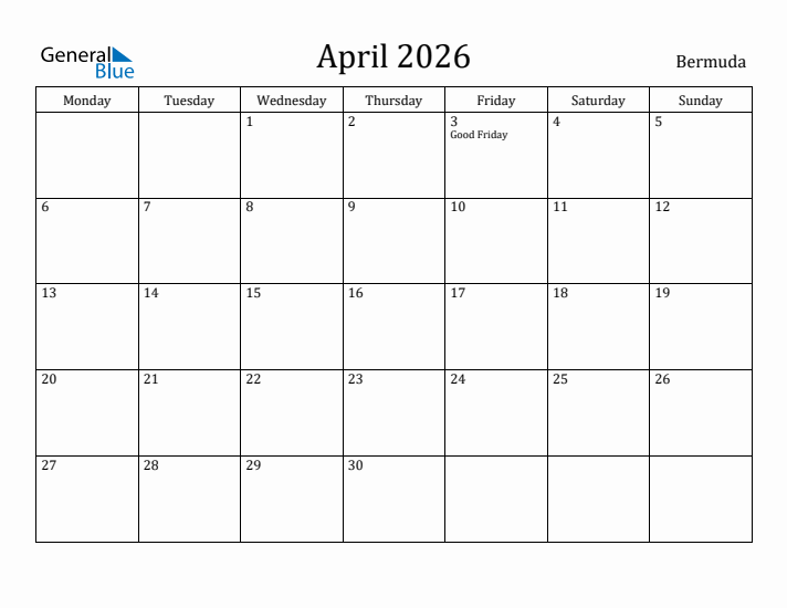 April 2026 Calendar Bermuda