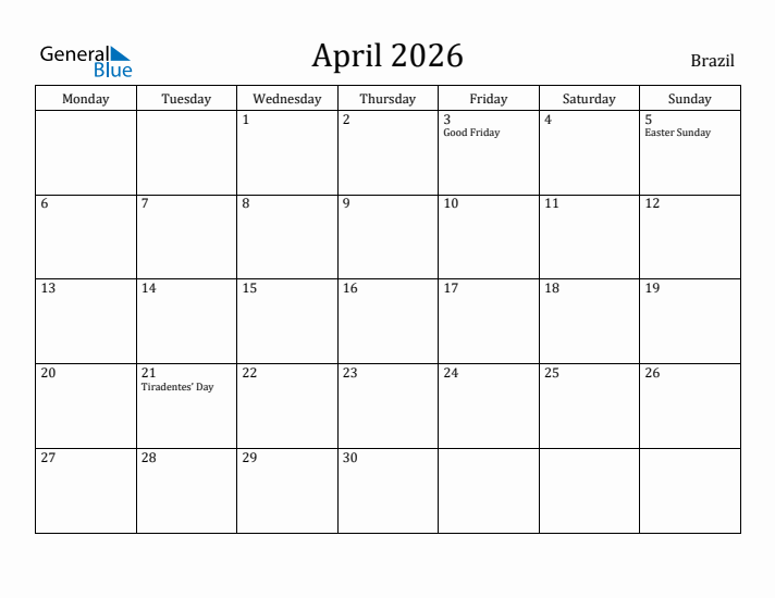 April 2026 Calendar Brazil