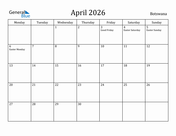 April 2026 Calendar Botswana