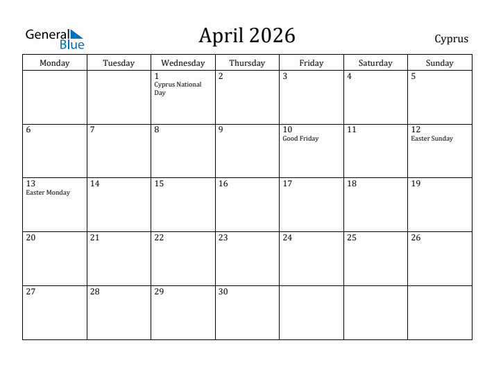 April 2026 Calendar Cyprus