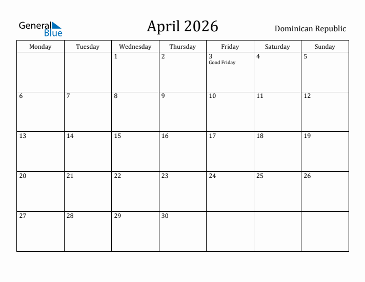 April 2026 Calendar Dominican Republic