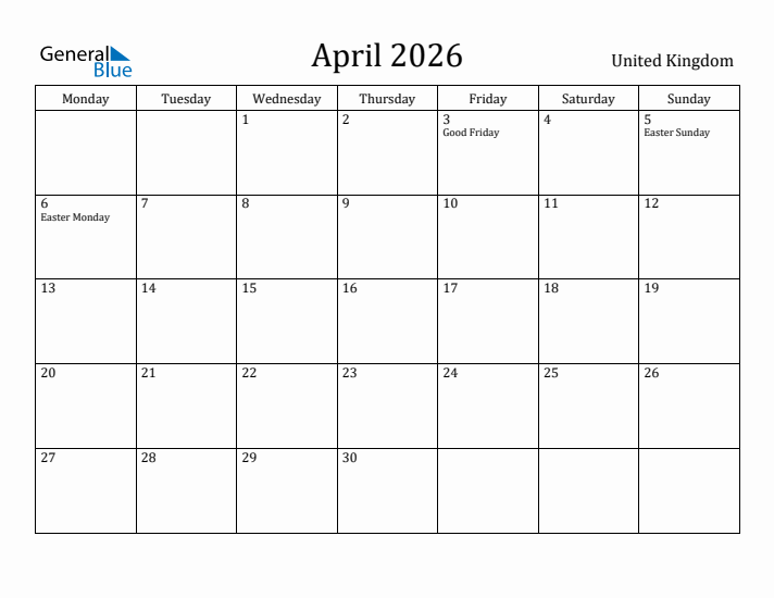 April 2026 Calendar United Kingdom