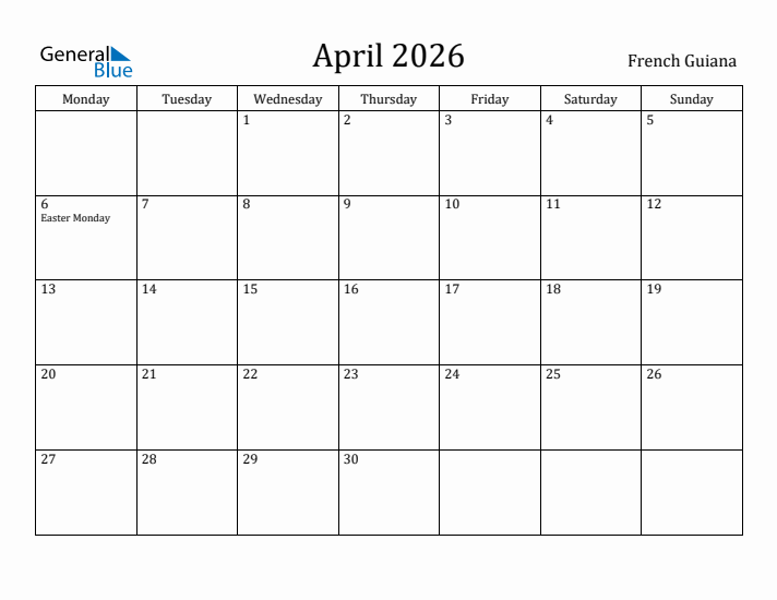 April 2026 Calendar French Guiana