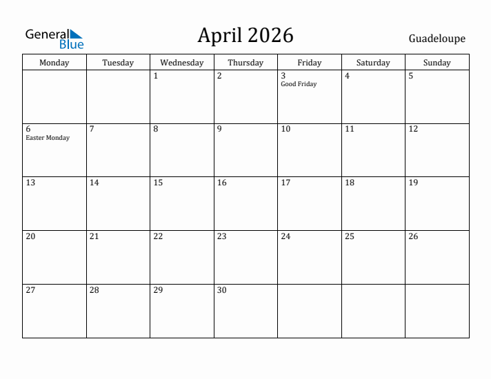 April 2026 Calendar Guadeloupe