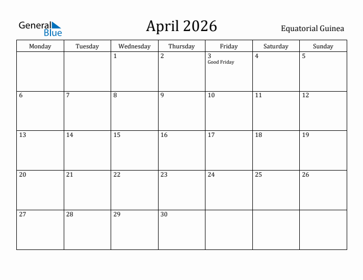 April 2026 Calendar Equatorial Guinea