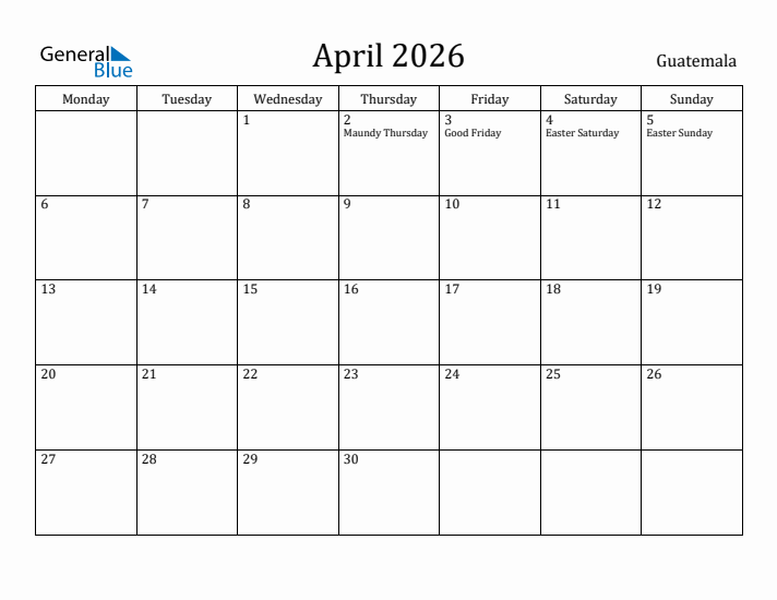 April 2026 Calendar Guatemala