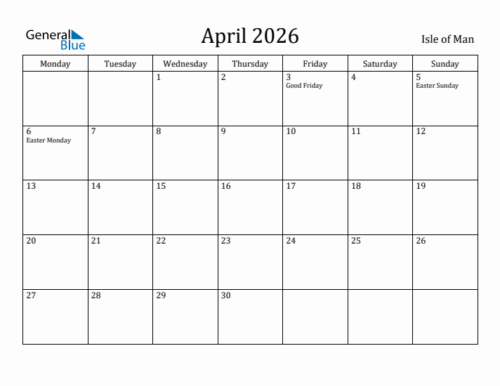 April 2026 Calendar Isle of Man