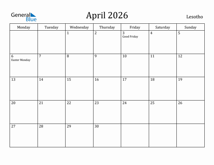 April 2026 Calendar Lesotho