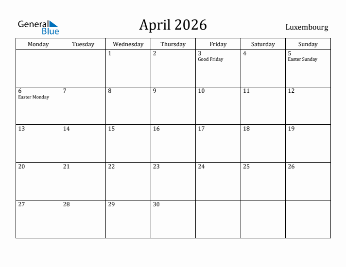 April 2026 Calendar Luxembourg