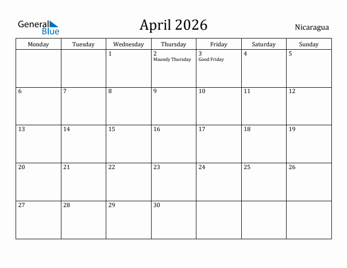 April 2026 Calendar Nicaragua