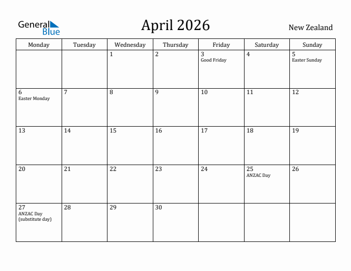 April 2026 Calendar New Zealand