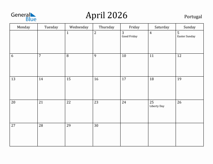 April 2026 Calendar Portugal