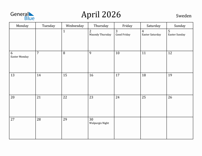 April 2026 Calendar Sweden