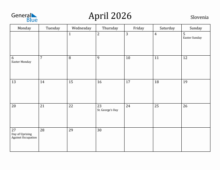 April 2026 Calendar Slovenia