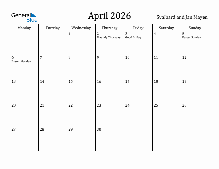 April 2026 Calendar Svalbard and Jan Mayen