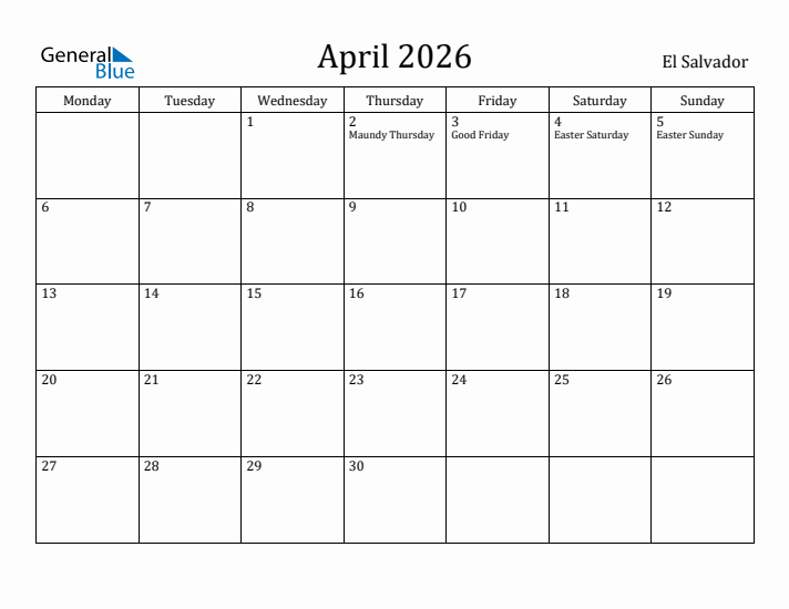 April 2026 Calendar El Salvador